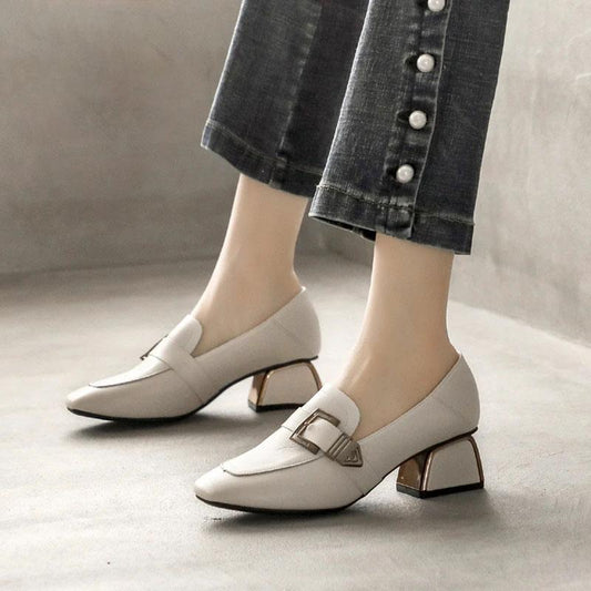 Soft Surface Comfortable Real Cowhide Thick Mid-heel Work Shoes Casual Shoes Single Shoes Women's Square Toe English Small Leather Shoes
