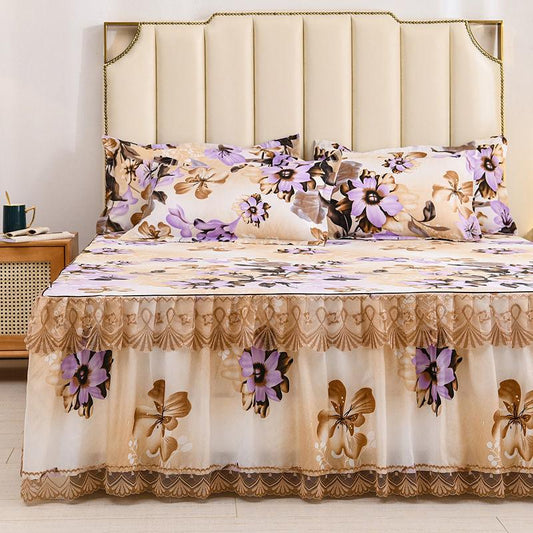 Lace Bed Skirt Three-piece Bedding Unilateral Non-slip Bedspread Korean Version of Solid Color Bed Sheet