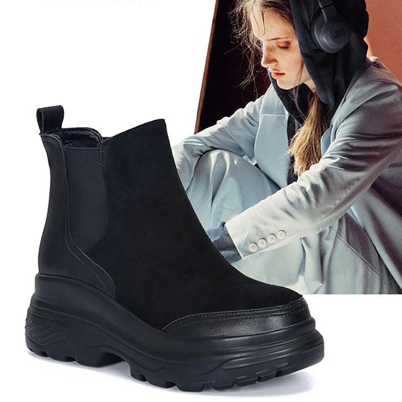 Martin Boots Women's Short Boots Spring and Autumn Velvet Boots British Style Thick-soled Wild College Korean Plush Heightening Shoes