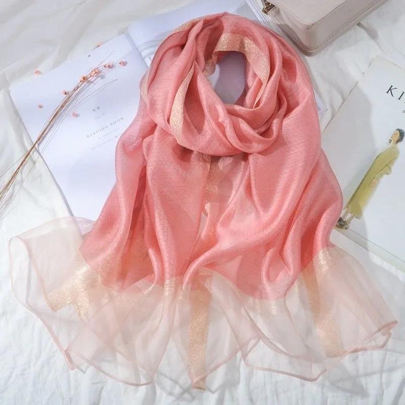 Women's Autumn and Winter Mulberry Silk Scarf Fine Silk Scarf Pure Color Striped All Match Shawl Warm Gauze Scarves Elegant Wrap Shawl Thermal Scarf