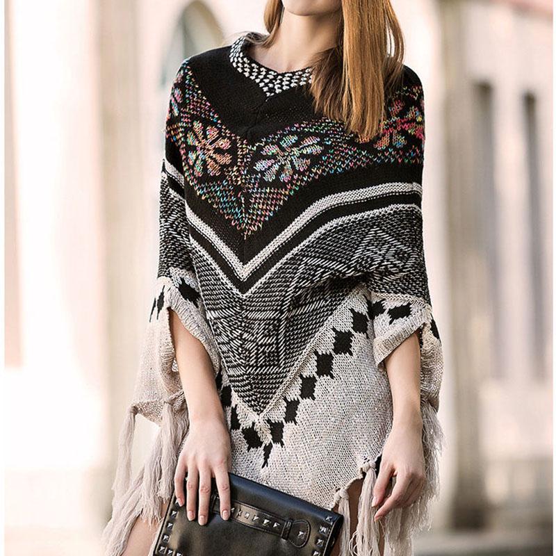 Bohemian Ethnic V-neck Sweater Women's Mid-length Pullover Cape Shawl Batwing Sweater Coat Tassel Sweater Autumn Winter
