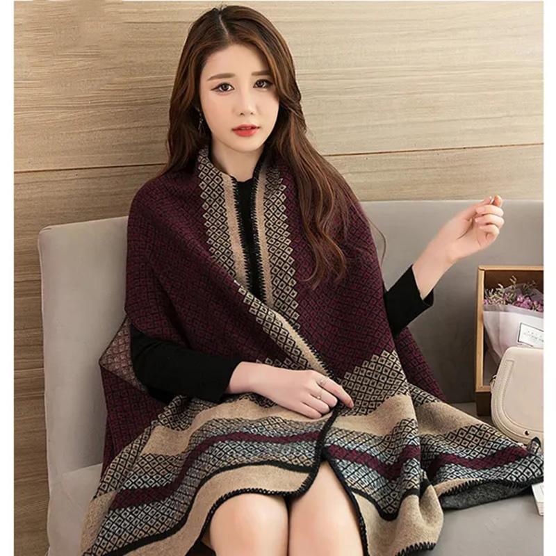 Women's Autumn Winter Wear Shawl Jacket Middle-aged Sweater Cardigan Sweater Shirt Outside Loose Mid-length Outerwear Double-sided Printing Shawl