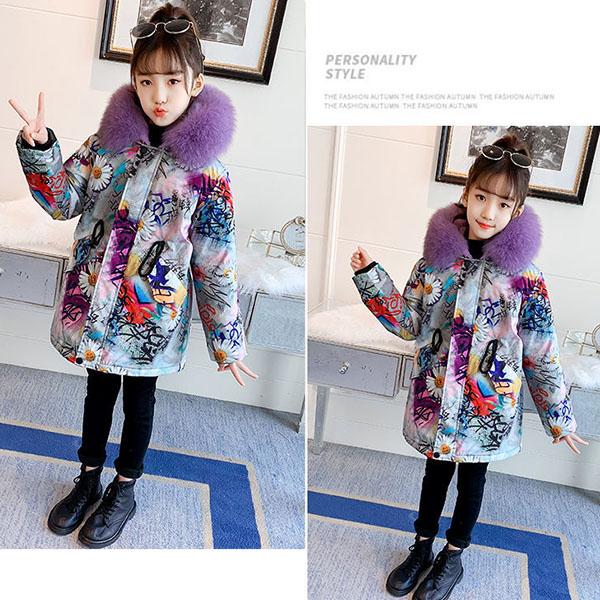 Kids Printed Fur Parkas for  Girls Winter Thick Warm Hooded Faux Fur Coat Unisex  Parka Jacket with Faux Fur Collar Outwear