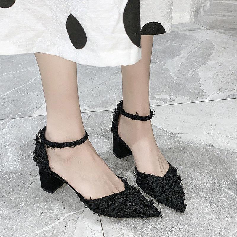 Stiletto High Heels Spring Style All-match Pointed Toe Strap French Toe Cap Spring Hollow Thick Heel Shoes