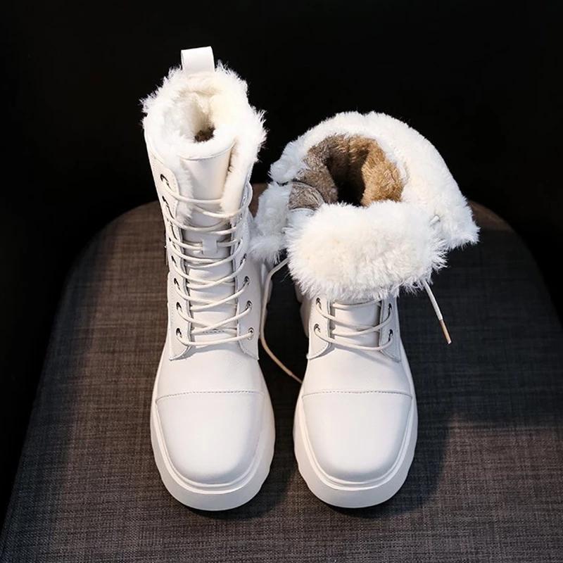 Women Winter Shoes Ankle Boots Leather Warm Plush Snow Boots Female Shoes Woman Chunky Platform Booties White Black