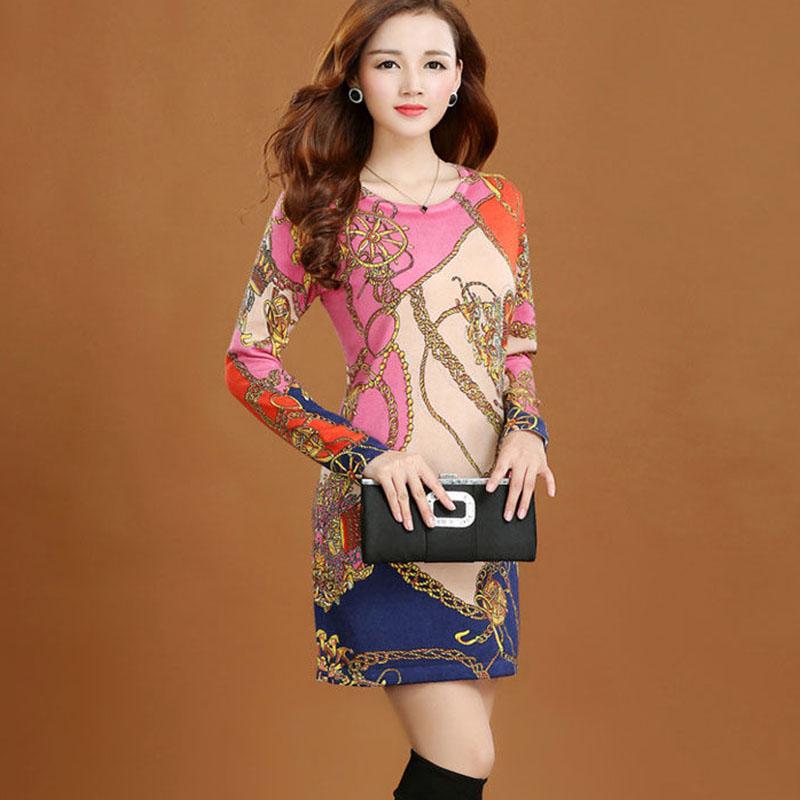 Women's Autumn Winter Sweater Dress Mid-length Printed Sweater Knitted Pullover Bottoming Sweater