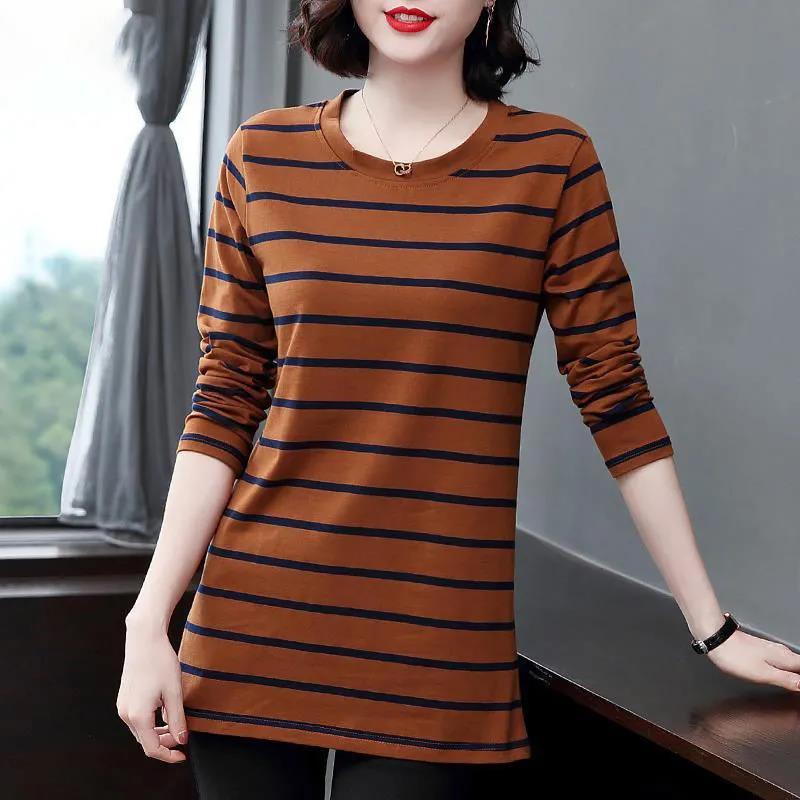 Women T-Shirt Cotton Long Sleeve Lady T Shirt Striped Summer Spring Autumn Female White Trendy  Top Pullover