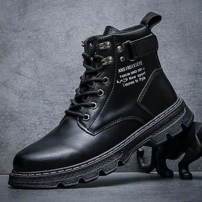 Plus Velvet Padded Winter Warm Snow Boots Men's Leather Cotton Shoes Waterproof Non-slip Trendy Martin Boots