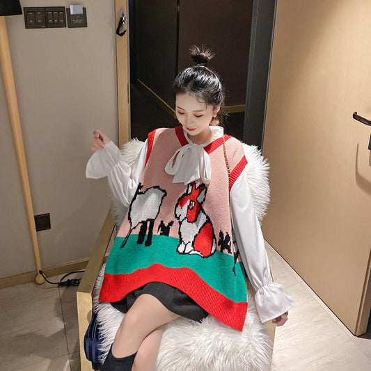 Loose Sleeveless Splicing Color Sweater Spring and Autumn Slim Pullover Vest Red V-neck Fashion Bottoming Shirt