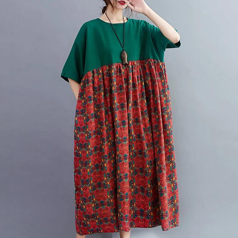 Women's Round Neck Half Sleeve Dress Retro Fashion Floral Print Cotton Long Dress