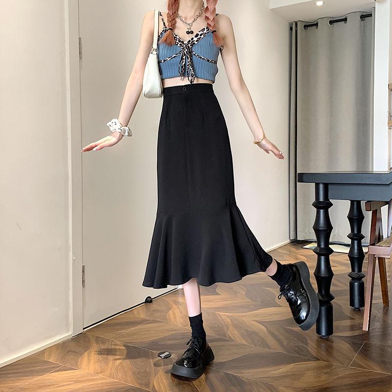 Ruffled Skirt Women's Summer High Waist Slim Mid-length A-line Skirt Solid Color Irregular Edge Fishtail Skirt