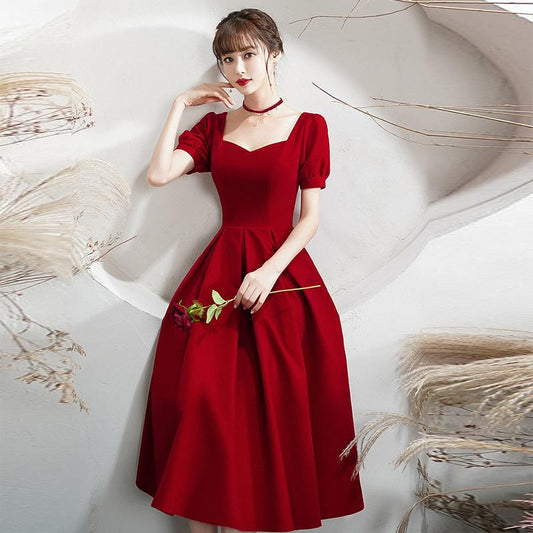 Temperament Evening Dress Wine Red French Square Collar Palace Dress Bridesmaid Dress Women Daily Wear