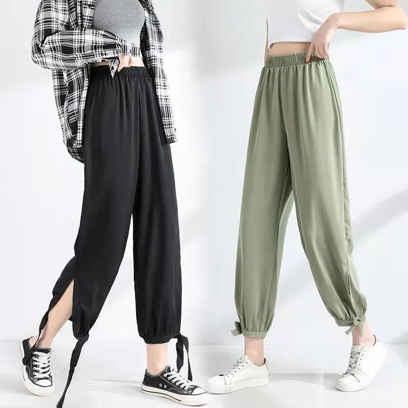 Women Summer Ice Silk Lantern Pants Chiffon Loose Solid Color Cropped Pants Elastic Waist Thin Sports Pants