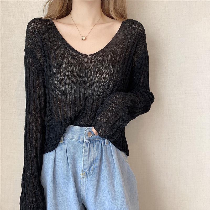Girly White V-neck Sweater Women Spring and Autumn Korean Loose Thin Long-sleeved Sunscreen Top