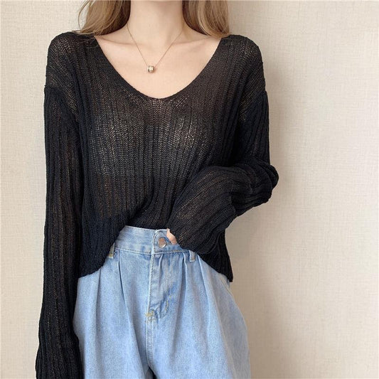 Girly White V-neck Sweater Women Spring and Autumn Korean Loose Thin Long-sleeved Sunscreen Top