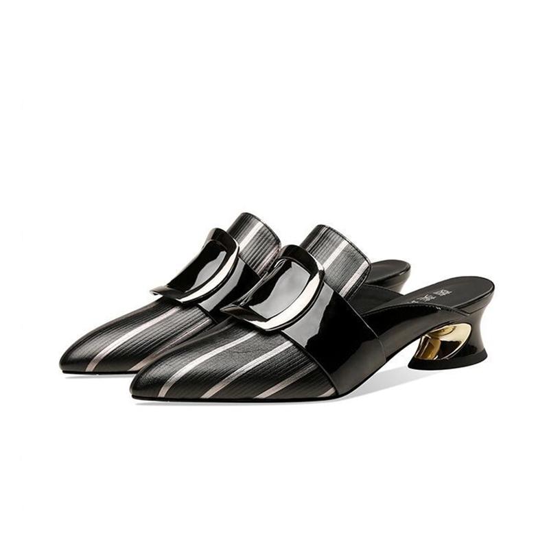 Soft Leather Sandals Women Middle Heel Slippers Pointed  Slippers Thick Heel Sexy Heel Sandals