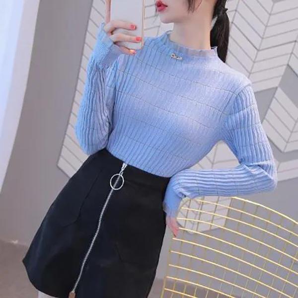 Women's Half Turtleneck Mesh Fungus Edge Bottoming Shirt Slim Fit Long Sleeve Knit Stretch Plus Size Sweater