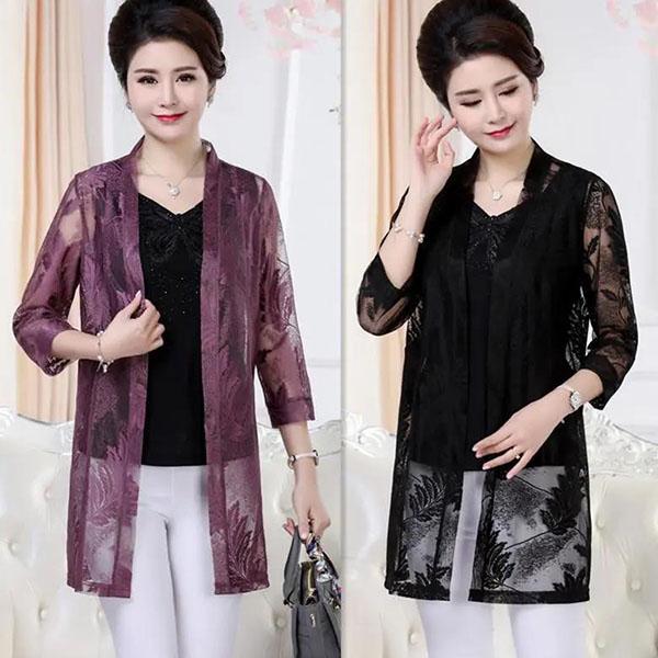 XL-5XL Spring and Summer Sunscreen Lace Cardigan Mesh Shawl Women's Air-conditioned Shirt Plus Size Loose All-match Coat
