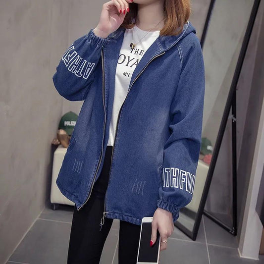 Large Size Hooded Denim Jacket Women's Loose and Thin Casual Long-sleeved Warm Starry Jacket Women's Loose Denim Jacket