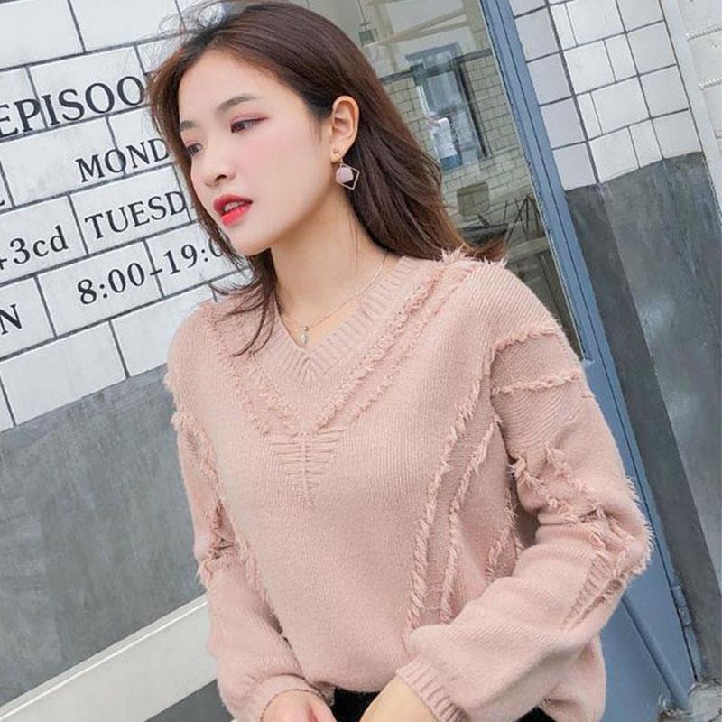 Knitted Sweater Women Autumn and Winter Loose Women's Korean Style Long-sleeved Pullover Tassel V-neck Knitted Bottoming Shirt