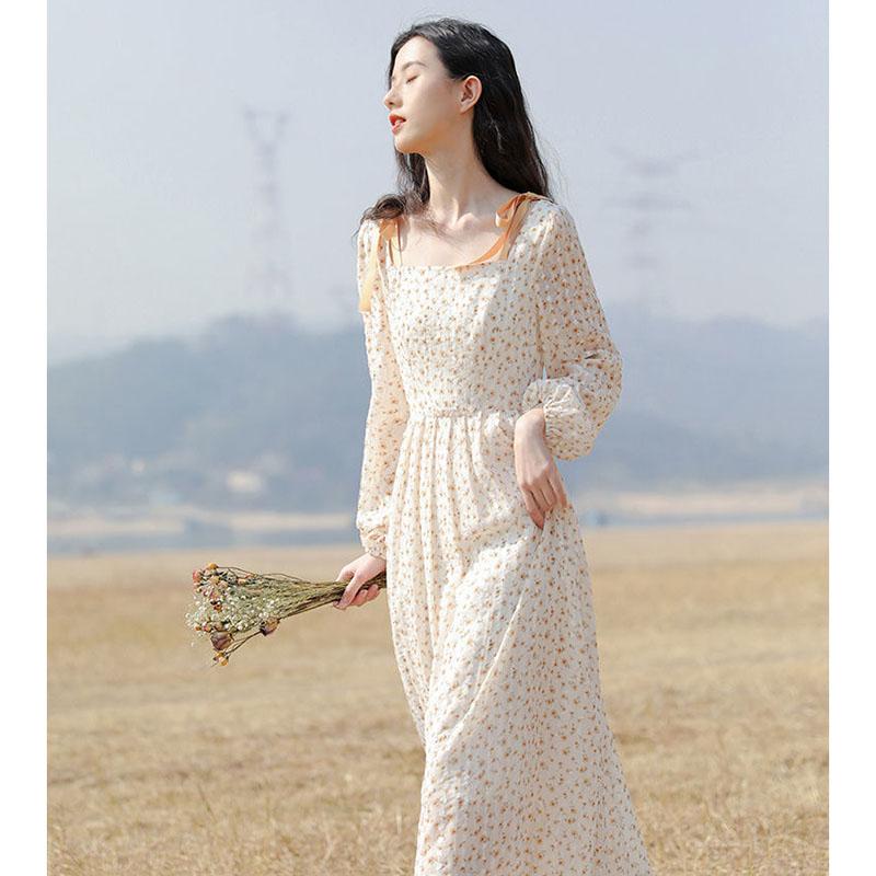 Spring Summer Floral Dress Female Temperament Fresh Chiffon Over The Knee Dress Mid-length
