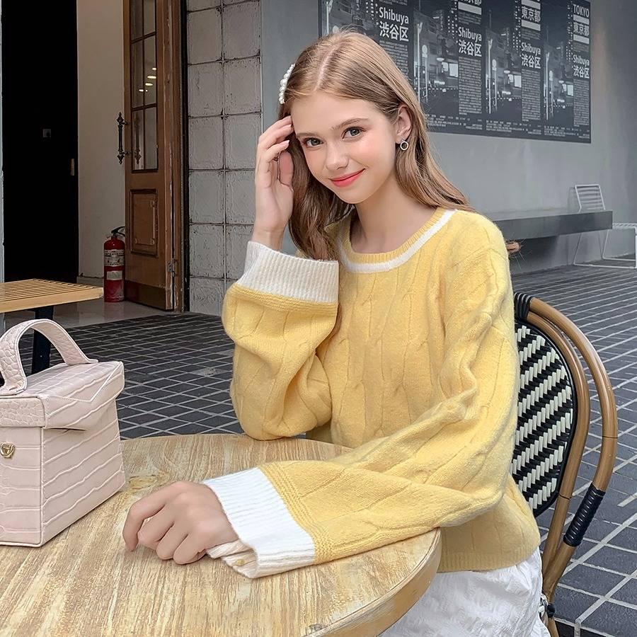 Pofulove Long Sleeve Pullover Twist Back Split Lace Up Sweater Personality Color Matching Sweater