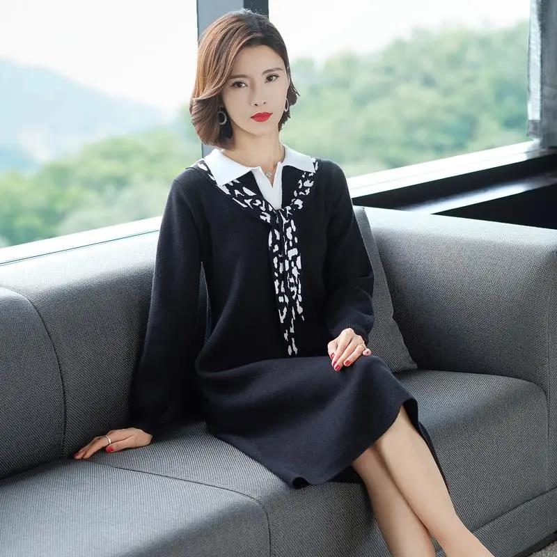 Knitted Dress Ladies Sweater Mid-length Autumn and Winter Coat Sweater DRress Over-the-knee Bottoming Shirt