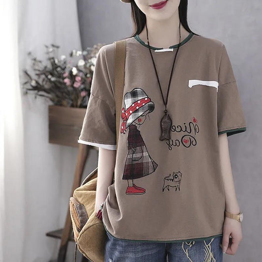 Pure Cotton Summer Printing Literary Short-sleeved T-shirt Ladies Loose Casual Comfortable Top Breathable