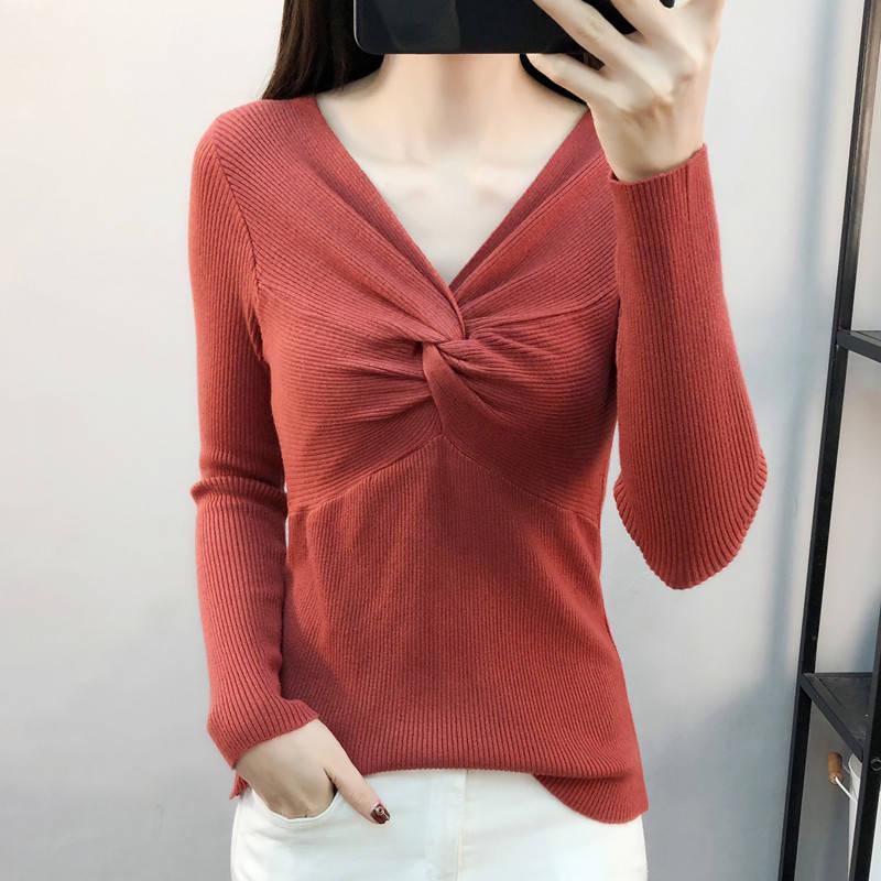 Pofulove sexy slim bottoming shirt female V-neck solid color short sweater with knitted sweater