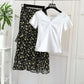 Summer Skirt Two-piece Set Women V-neck Short-sleeve T-shirt Top Korean Irregular Midi Floral Pleated Skirt Two-piece Suit Plus Size