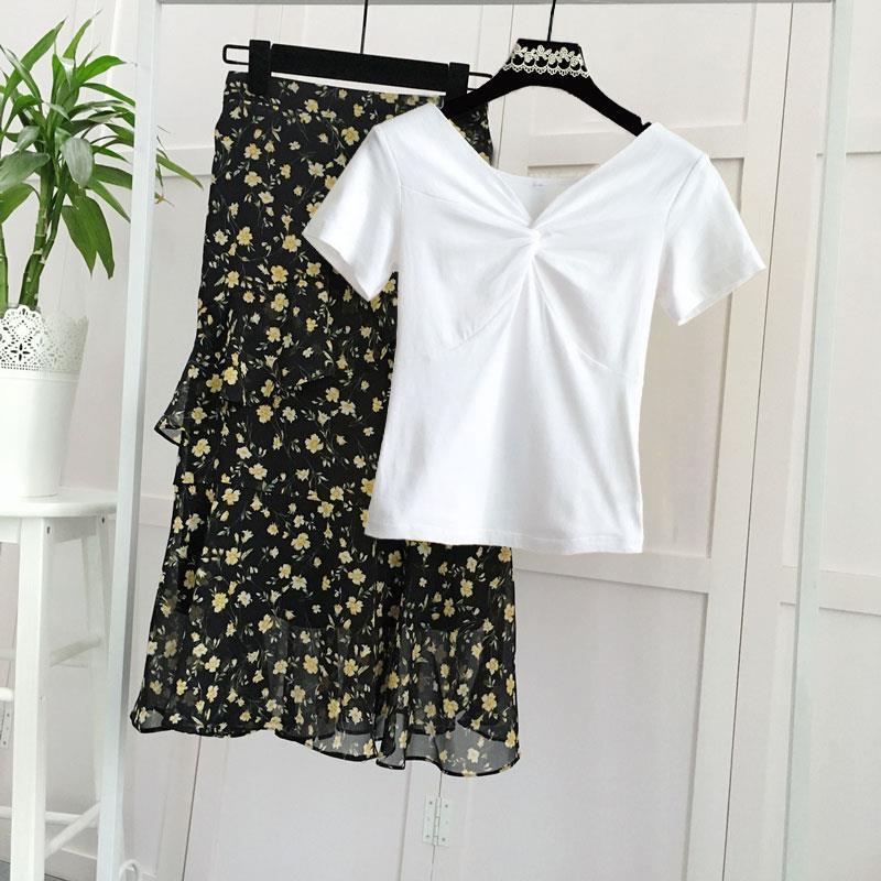 Summer Skirt Two-piece Set Women V-neck Short-sleeve T-shirt Top Korean Irregular Midi Floral Pleated Skirt Two-piece Suit Plus Size