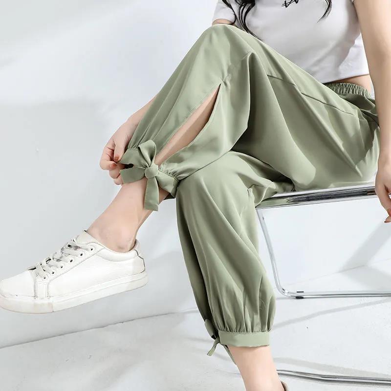 Women Summer Ice Silk Lantern Pants Chiffon Loose Solid Color Cropped Pants Elastic Waist Thin Sports Pants