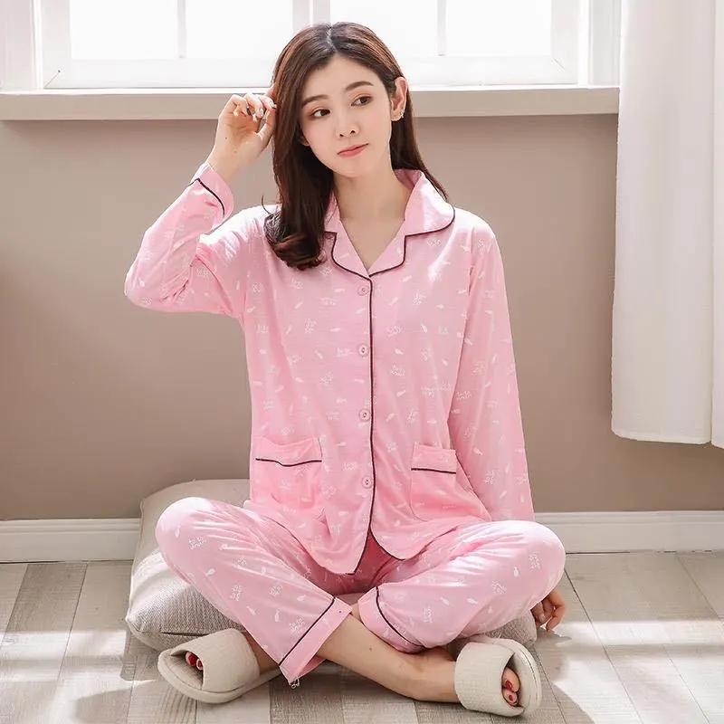 Women's Long Sleeves Pajamas Set Spring Autumn Printed Floral Suit Loose Breathable Home Wear Pants Blouses Two Piece Set