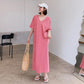 Large Size Slit T-shirt Dress Female Summer V-neck Loose Long Over-the-knee Open Back Long Dress