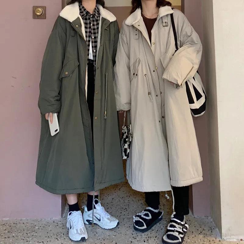 Ladies Lamb Wool Tooling Jacket Hong Kong Style Loose Quilted Jacket Over The Knee Loose Parkas