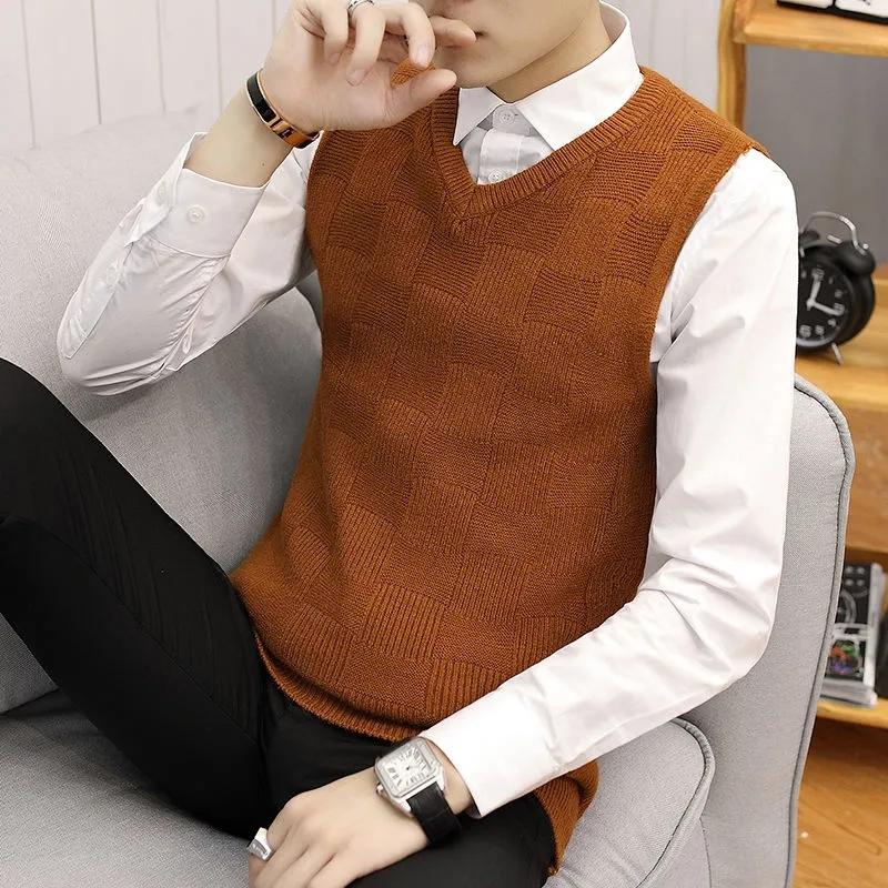 Men's Casual Solid Color Knit Pullover V-Neck Retro Slim Outer Wear Gentleman's Versatile Vest