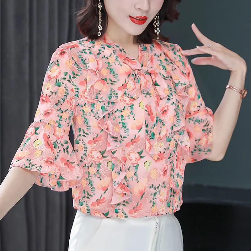 Women's Summer Chiffon Ruffled Mid-sleeve Top V-neck Large Size Floral Loose T-shirt