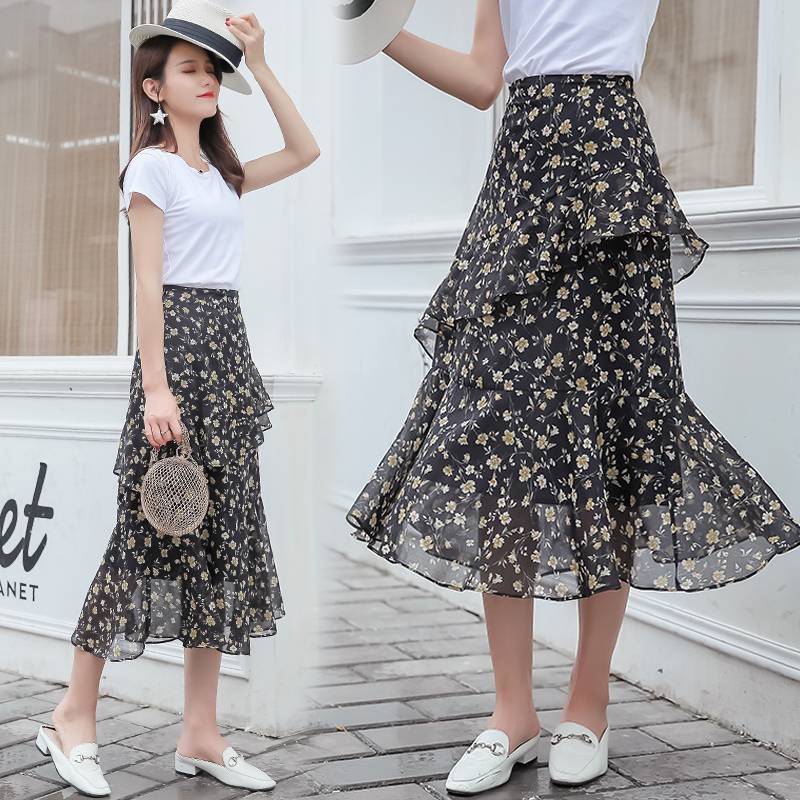 Floral Skirt High Waist  Irregular Ruffle Chiffon Midi Skirt Elastic Waist Mid-length Large Hem Skirt A-line Skirt