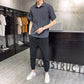 Men's Casual Handsome Mature Men's Striped Shirt and Solid Color Casual Pants Two-piece Suit