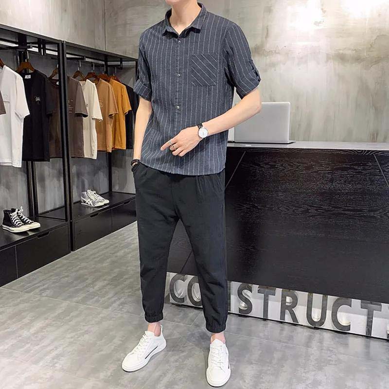Men's Casual Handsome Mature Men's Striped Shirt and Solid Color Casual Pants Two-piece Suit