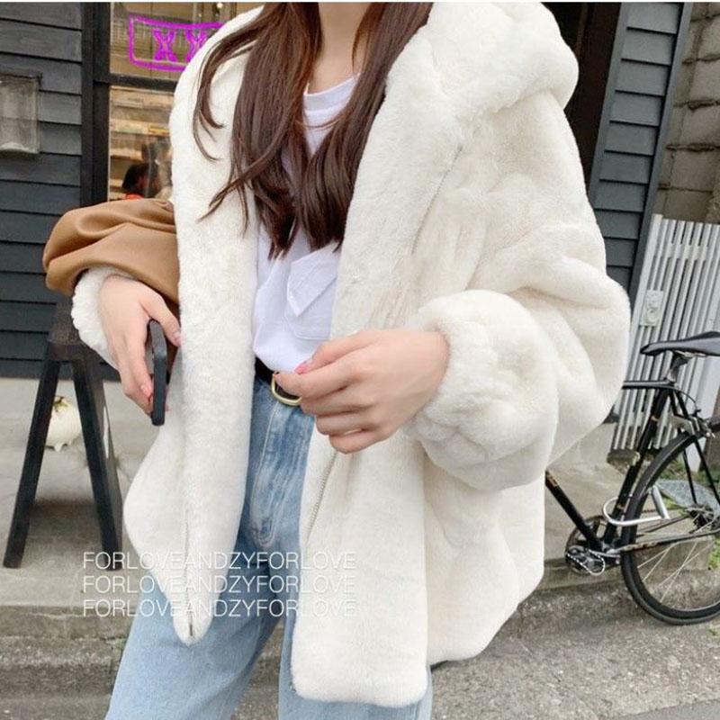 Winter Ladies Mink Fleece Hooded Coat Thick Warm Faux Fur Coat Loose Large Size Mink Fur Plush Coat