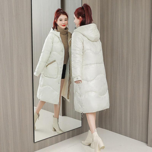 Cotton Jacket Women's Winter Fashion Trend Korean Version of Wild Loose Over The Knee Long Thickened Shiny Color Matching Cotton Jacket