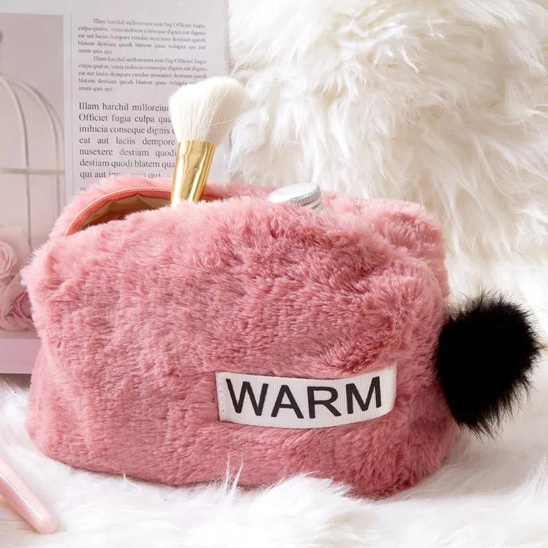 Winter Fur Cosmetic Bag Large Capacity Travel Multi-function Girl Plush Cosmetic Bag Fur Ball Decoration