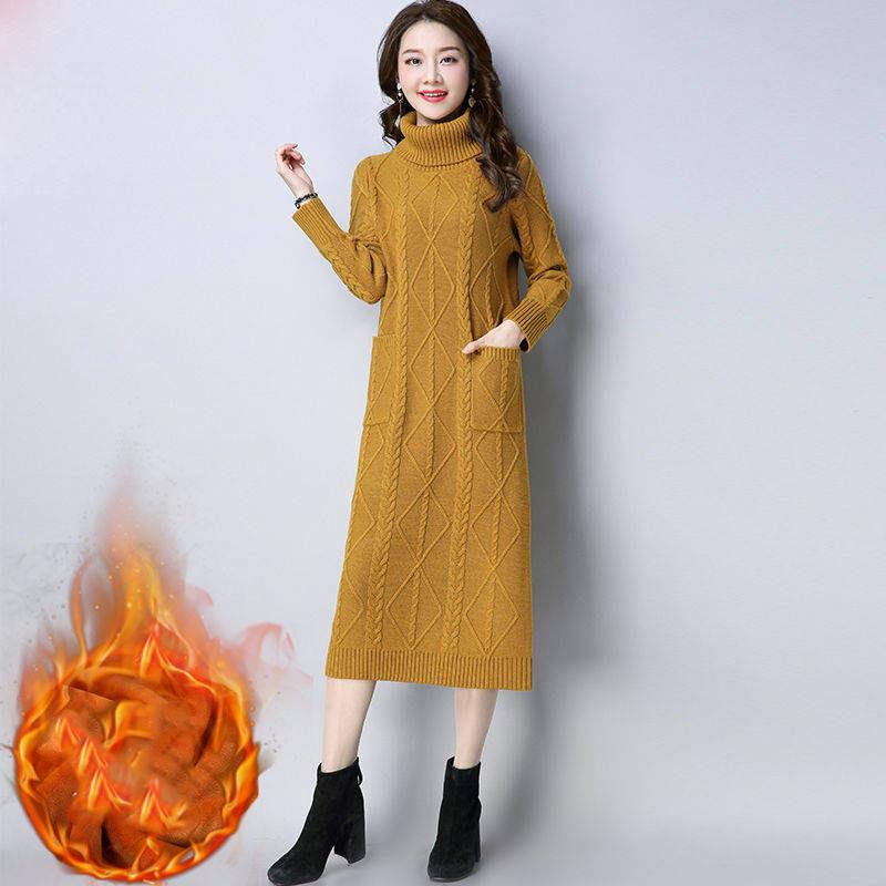 Large Size Plus Velvet Thickened Long Sweater Women Long Dress High Neck Loose Autumn and Winter Sweater Dress