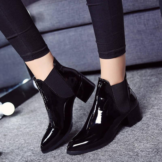 Ankle Boots Women Leather Boots Thick Med Heel Chelsea Boots PU Leathe Zipper Short Shoes Women