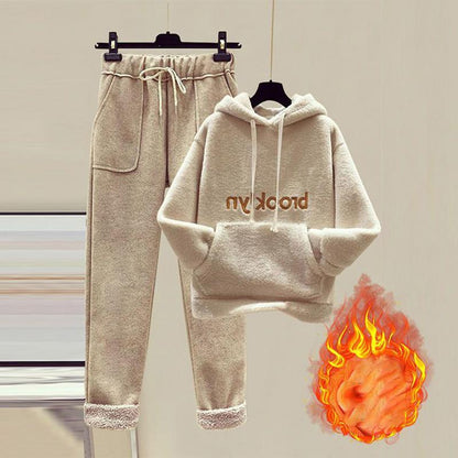 Women's Suit Plus Velvet Thickened Autumn and Winter Woolen Pants Loose Two-piece Lamb Wool Hoodie Two-piece Warm and Loose Two-piece Suit
