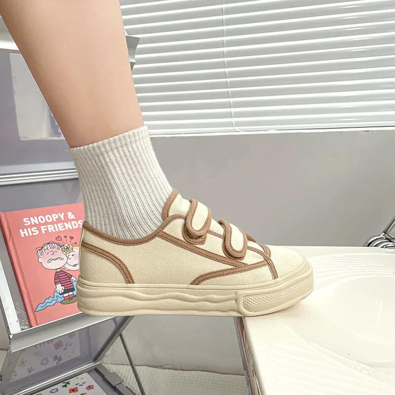 Milk Tea Color Velcro Canvas Shoes Female Japanese Niche Design Sense Dissolving White Shoes