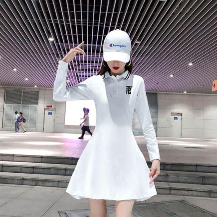Pofulove S-2XL Women Summer Short-sleeved A-line Dress Student Slim Long Sports POLO-neck T-shirt
