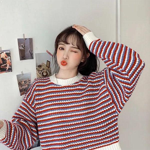 Striped Sweater Women Fall Loose Lazy Style Little Student Pullover Sweater