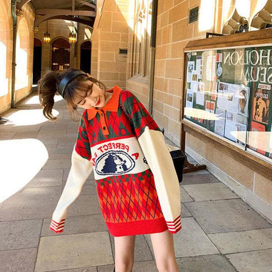 Red Sweater Women Loose Pullover Student Knit Sweater Students All-match Casual Lapel Diamond Print Knitted Sweater Outer Wear Autumn Winter